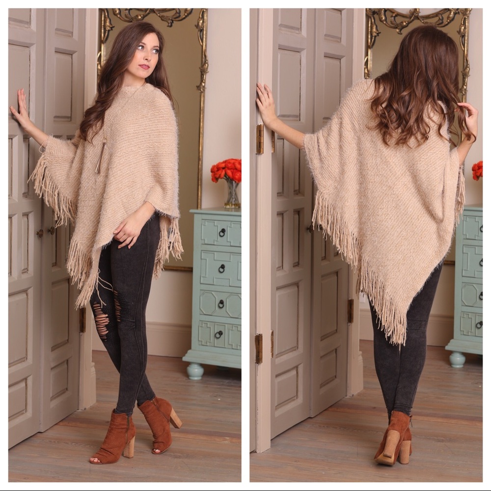 LAST ONE! Super Soft Khaki Knit Fringe Poncho - Picture 2 of 3